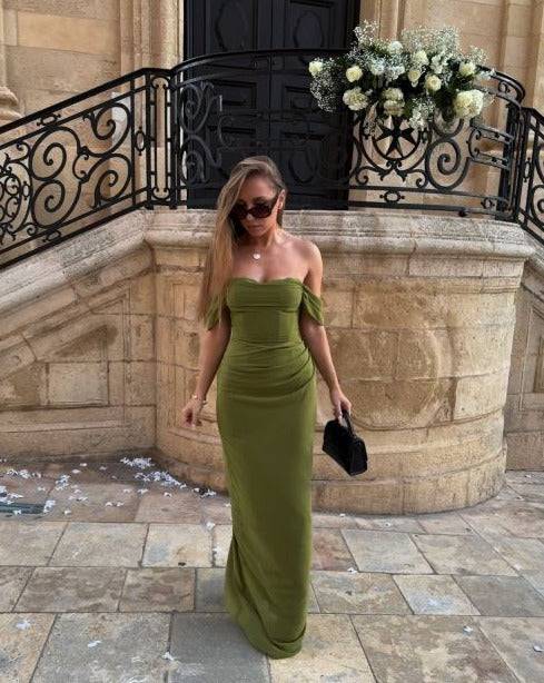 Elegante vestido de noche verde con hombros descubiertos para invitada de boda, vestidos de graduación de verano DP759