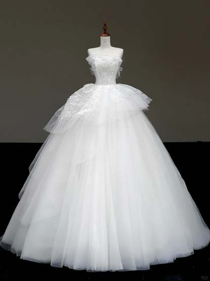Vestido de novia único, sin tirantes, de satén blanco, con cuentas, DP787