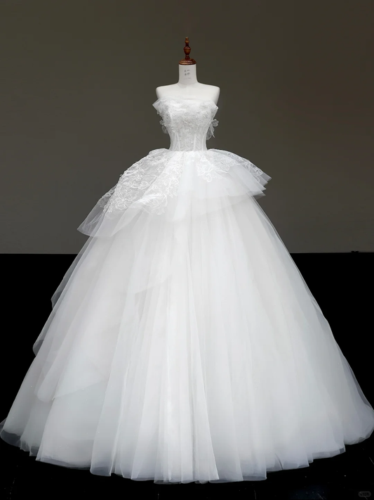 Vestido de novia único, sin tirantes, de satén blanco, con cuentas, DP787