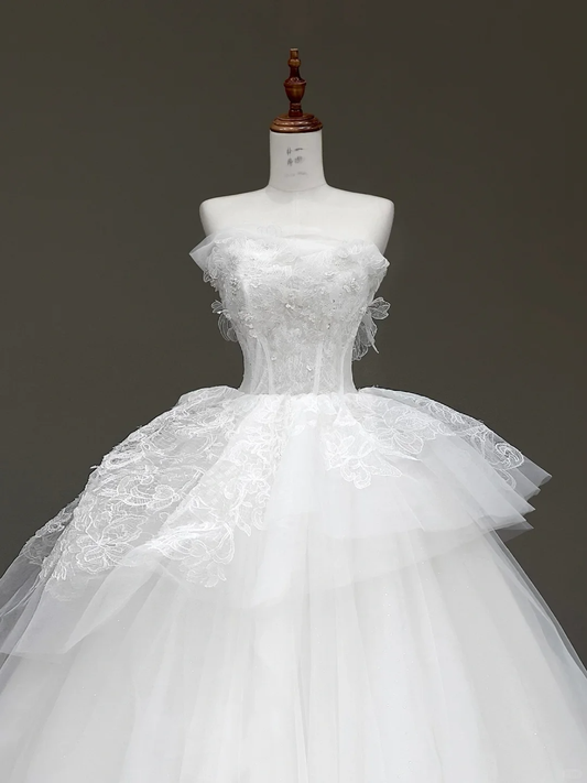 Vestido de novia único, sin tirantes, de satén blanco, con cuentas, DP787
