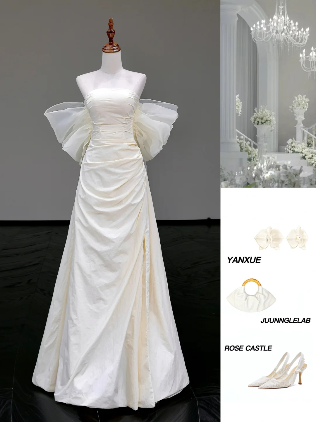 Vestido de novia único, corte A, sin tirantes, de satén color marfil, estilo minimalista, DP788