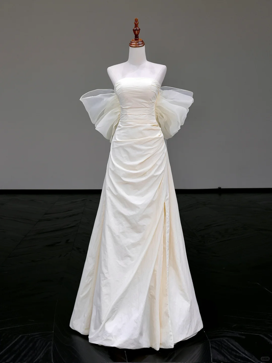 Vestido de novia único, corte A, sin tirantes, de satén color marfil, estilo minimalista, DP788