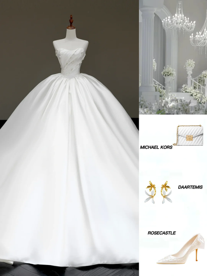 Vestido de novia atemporal, vestido de fiesta sin tirantes, de satén blanco, vestidos de novia DP790