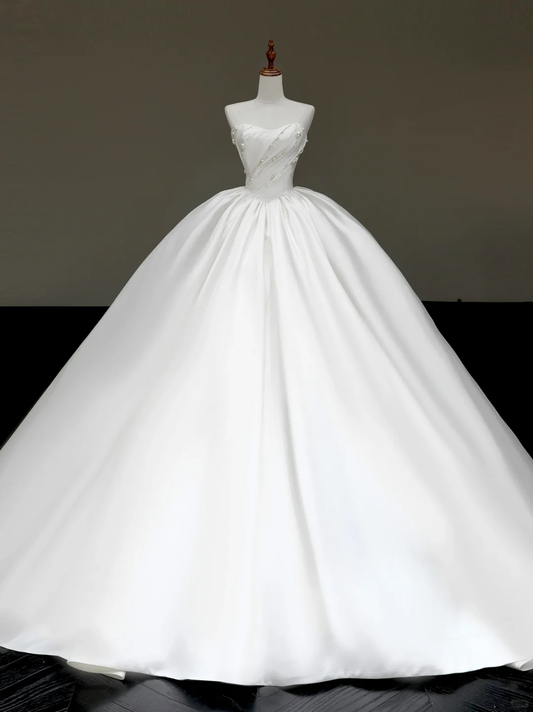 Vestido de novia atemporal, vestido de fiesta sin tirantes, de satén blanco, vestidos de novia DP790