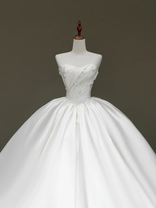 Vestido de novia atemporal, vestido de fiesta sin tirantes, de satén blanco, vestidos de novia DP790