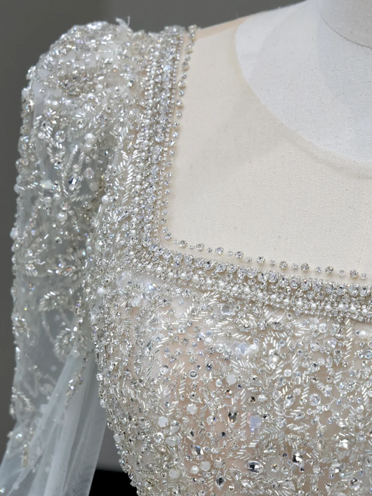 Vestido de novia único, vestido de fiesta, escote cuadrado, lentejuelas blancas, vestidos de novia DP792