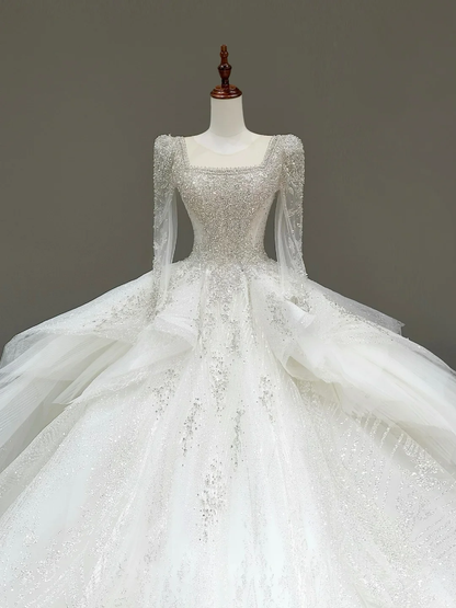 Vestido de novia único, vestido de fiesta, escote cuadrado, lentejuelas blancas, vestidos de novia DP792