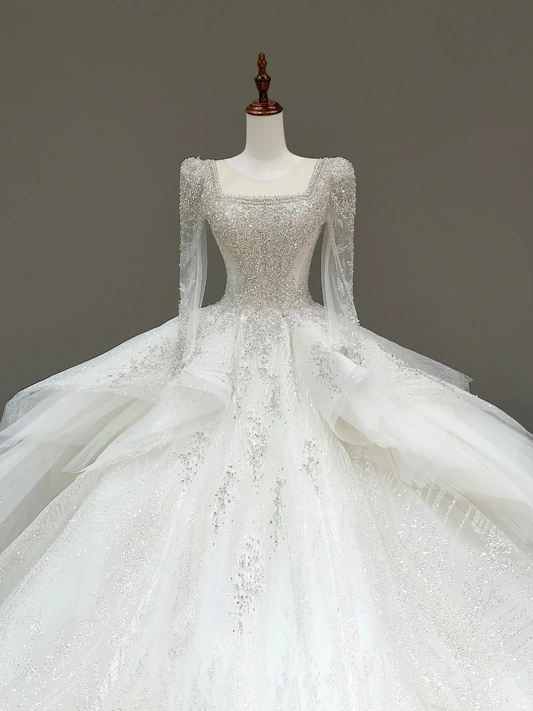 Vestido de novia único, vestido de fiesta, escote cuadrado, lentejuelas blancas, vestidos de novia DP792