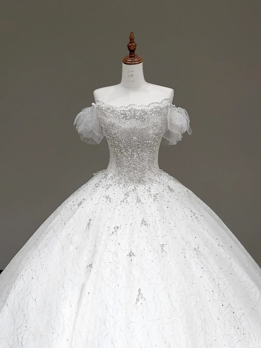 Vestido de novia elegante con hombros descubiertos, lentejuelas, blanco, manga corta, DP793