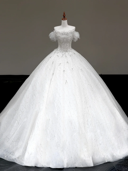 Vestido de novia elegante con hombros descubiertos, lentejuelas, blanco, manga corta, DP793