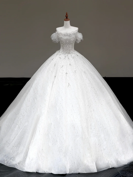 Vestido de novia elegante con hombros descubiertos, lentejuelas, blanco, manga corta, DP793