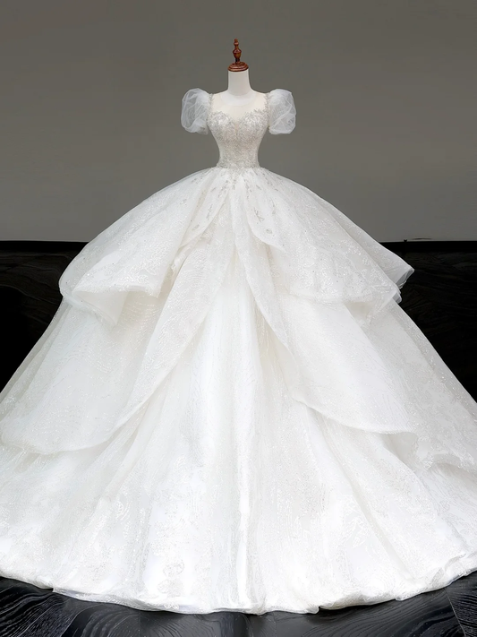 Vestido de novia único, corte corazón, mangas cortas, lentejuelas blancas, DP794