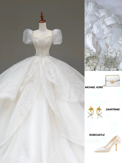 Vestido de novia único, corte corazón, mangas cortas, lentejuelas blancas, DP794