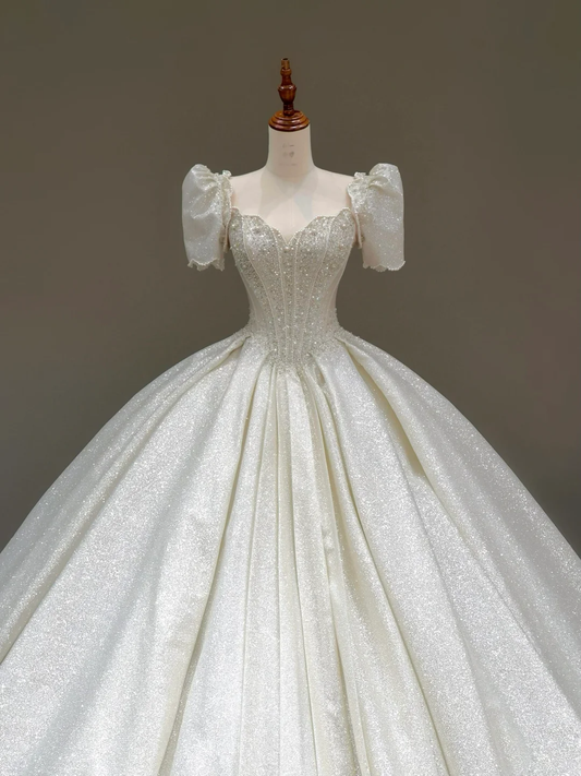 Vestido de novia princesa, corte corazón, mangas cortas, lentejuelas blancas, DP797