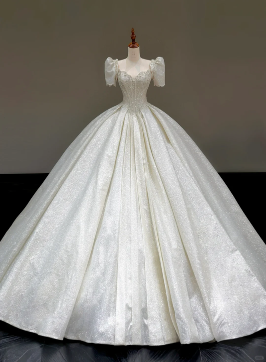 Vestido de novia princesa, corte corazón, mangas cortas, lentejuelas blancas, DP797