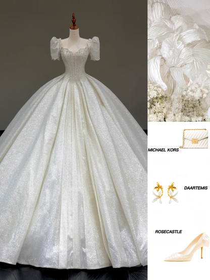 Vestido de novia princesa, corte corazón, mangas cortas, lentejuelas blancas, DP797