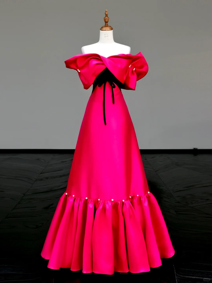 Hermoso vestido de fiesta largo de satén rosa intenso con hombros descubiertos, vestido de fiesta, vestidos de graduación DP799