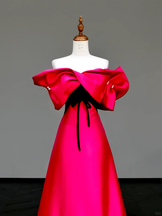 Hermoso vestido de fiesta largo de satén rosa intenso con hombros descubiertos, vestido de fiesta, vestidos de graduación DP799