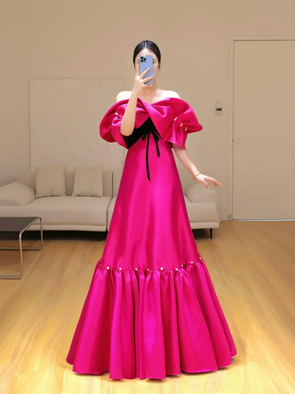 Hermoso vestido de fiesta largo de satén rosa intenso con hombros descubiertos, vestido de fiesta, vestidos de graduación DP801