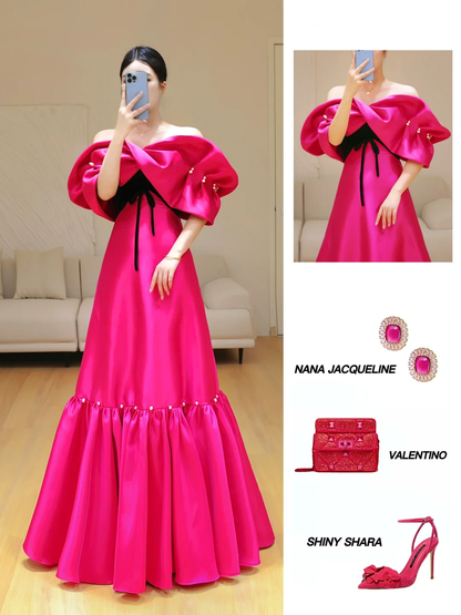 Hermoso vestido de fiesta largo de satén rosa intenso con hombros descubiertos, vestido de fiesta, vestidos de graduación DP801