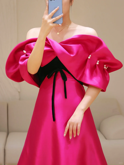 Hermoso vestido de fiesta largo de satén rosa intenso con hombros descubiertos, vestido de fiesta, vestidos de graduación DP801