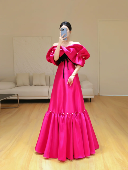 Hermoso vestido de fiesta largo de satén rosa intenso con hombros descubiertos, vestido de fiesta, vestidos de graduación DP801