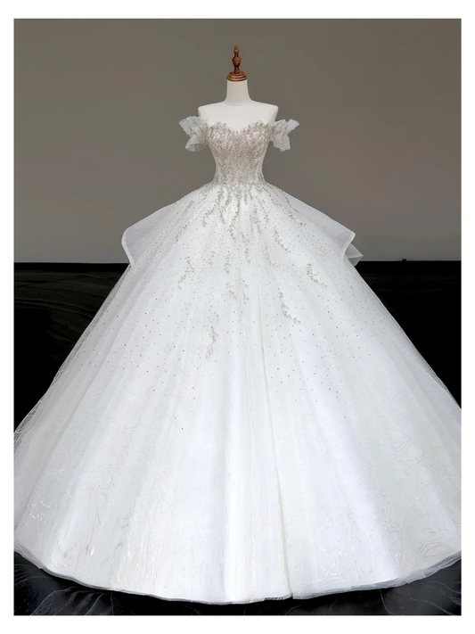 Vestido de novia elegante con hombros descubiertos, lentejuelas blancas, mangas cortas, DP808