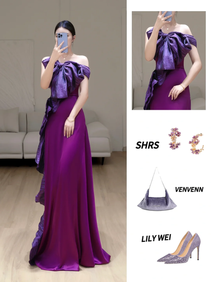 Hermoso vestido de fiesta largo de satén color uva con hombros descubiertos y corte sirena, DP809