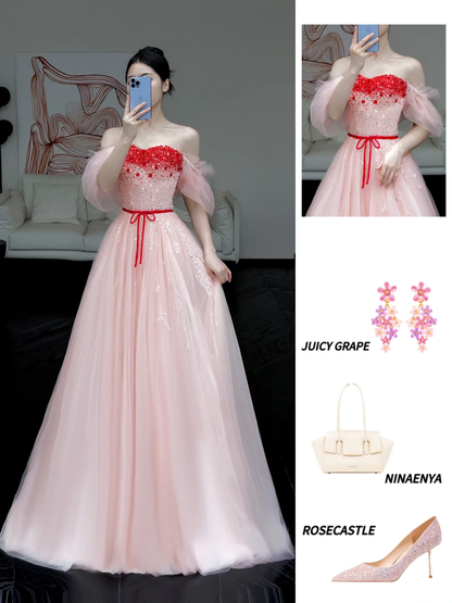Hermoso vestido de fiesta largo de tul rosa con hombros descubiertos y corte A, vestido de fiesta, vestidos de graduación DP810
