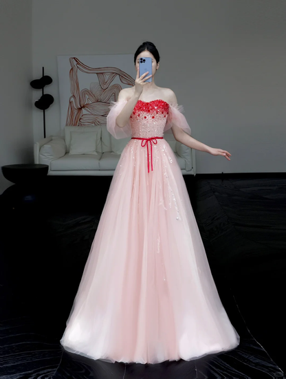 Hermoso vestido de fiesta largo de tul rosa con hombros descubiertos y corte A, vestido de fiesta, vestidos de graduación DP810