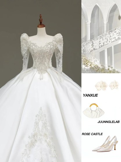 Vestido de novia princesa, corte corazón, mangas largas, lentejuelas blancas, DP813
