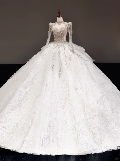 Vestido de novia princesa, corte corazón, mangas largas, lentejuelas blancas, DP814