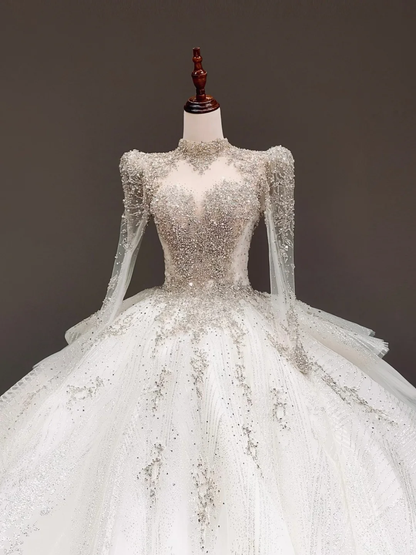 Vestido de novia princesa, corte corazón, mangas largas, lentejuelas blancas, DP814