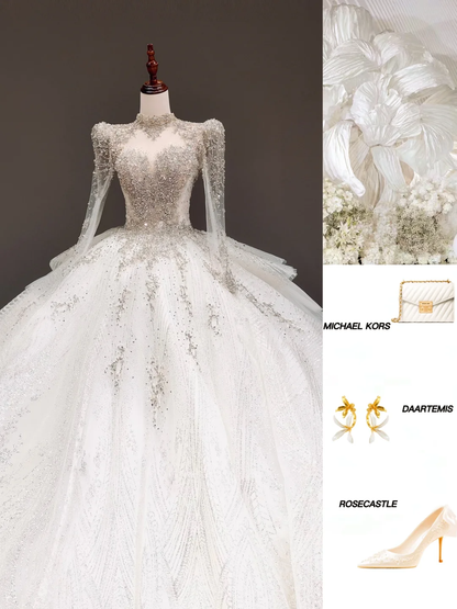 Vestido de novia princesa, corte corazón, mangas largas, lentejuelas blancas, DP814