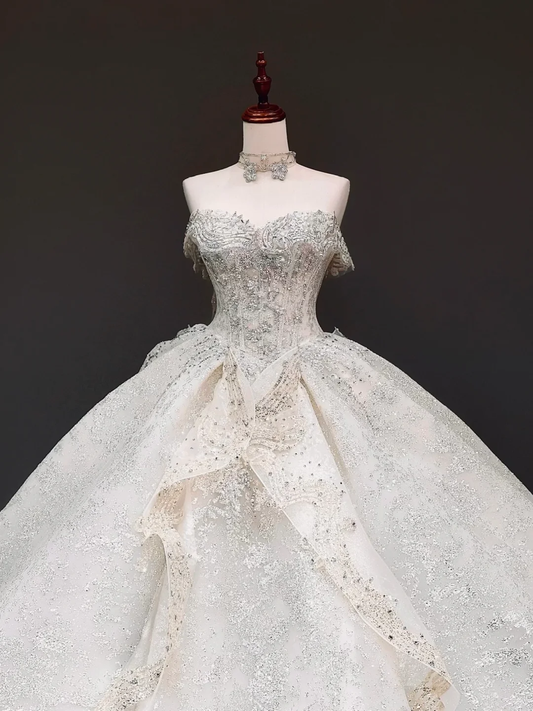 Vestido de novia princesa, vestido de baile, escote corazón, lentejuelas blancas, vestidos de novia DP815