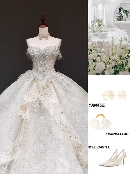 Vestido de novia princesa, vestido de baile, escote corazón, lentejuelas blancas, vestidos de novia DP815