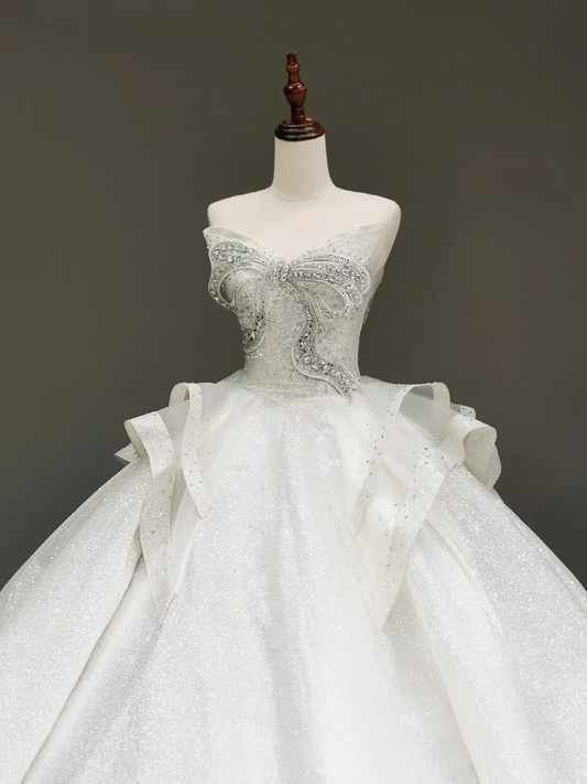 Vestido de novia princesa, vestido de baile, escote corazón, lentejuelas blancas, vestidos de novia con lazo, DP816