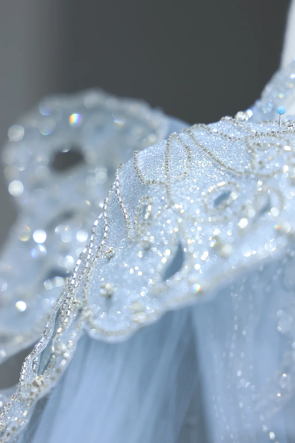 Hermoso vestido de fiesta largo con lentejuelas azules, corte A y hombros descubiertos, DP818