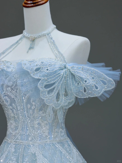 Hermoso vestido de fiesta largo con lentejuelas azules, corte A y hombros descubiertos, DP818