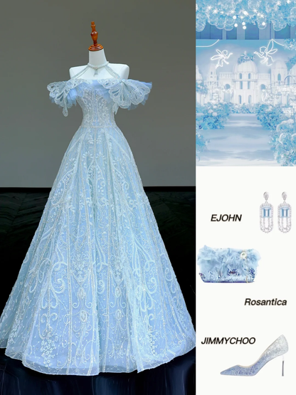 Hermoso vestido de fiesta largo con lentejuelas azules, corte A y hombros descubiertos, DP818