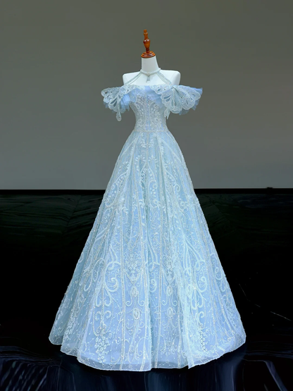 Hermoso vestido de fiesta largo con lentejuelas azules, corte A y hombros descubiertos, DP818