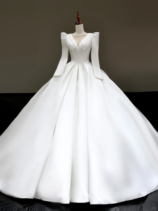 Vestido de novia estilo princesa, escote redondo, satén blanco con perlas y lazo, DP819