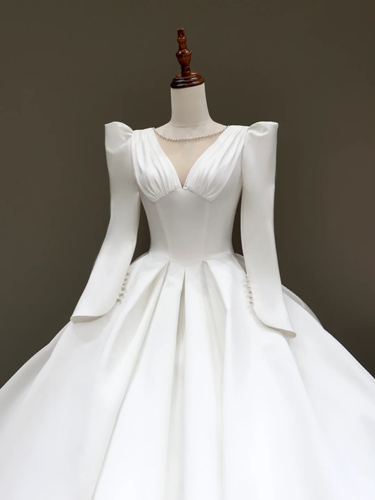 Vestido de novia estilo princesa, escote redondo, satén blanco con perlas y lazo, DP819