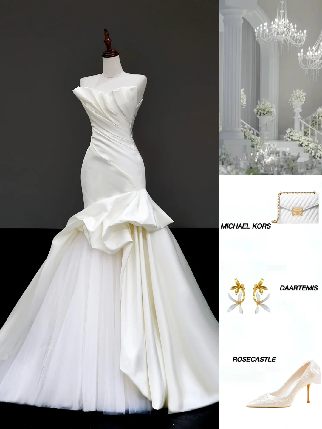 Vestido de novia sencillo de sirena sin tirantes, de satén blanco, estilo minimalista, DP870