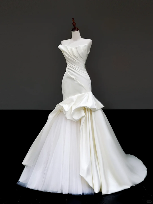 Vestido de novia sencillo de sirena sin tirantes, de satén blanco, estilo minimalista, DP820