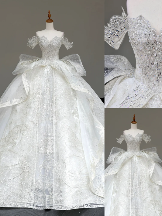 Vestido de novia elegante, con hombros descubiertos, lentejuelas, blanco, manga corta, para invierno, DP822