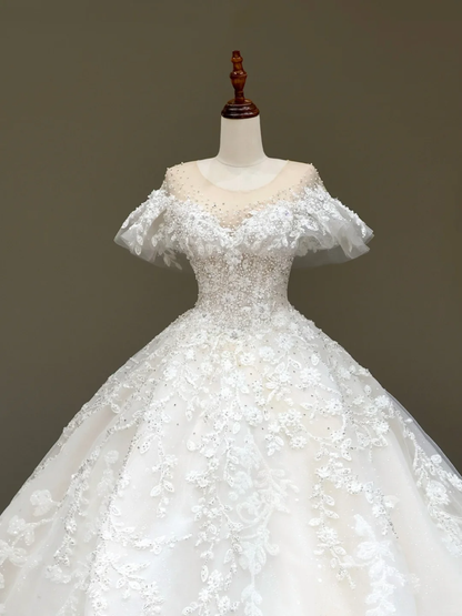 Vestido de novia estilo princesa, escote redondo, satén blanco, cuentas y mangas, DP823