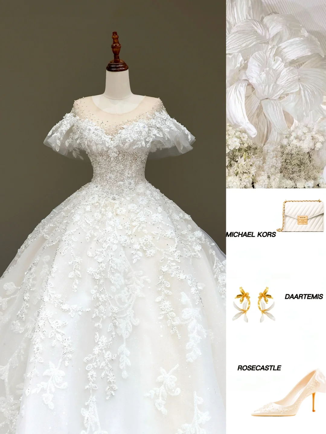 Vestido de novia estilo princesa, escote redondo, satén blanco, cuentas y mangas, DP823