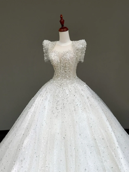 Vestido de novia estilo princesa, con escote redondo, lentejuelas y cuentas blancas, con mangas, DP824