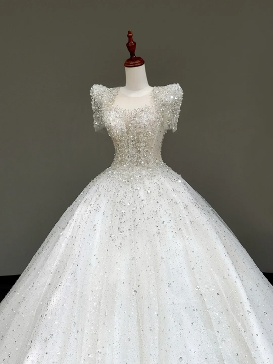 Vestido de novia estilo princesa, con escote redondo, lentejuelas y cuentas blancas, con mangas, DP824